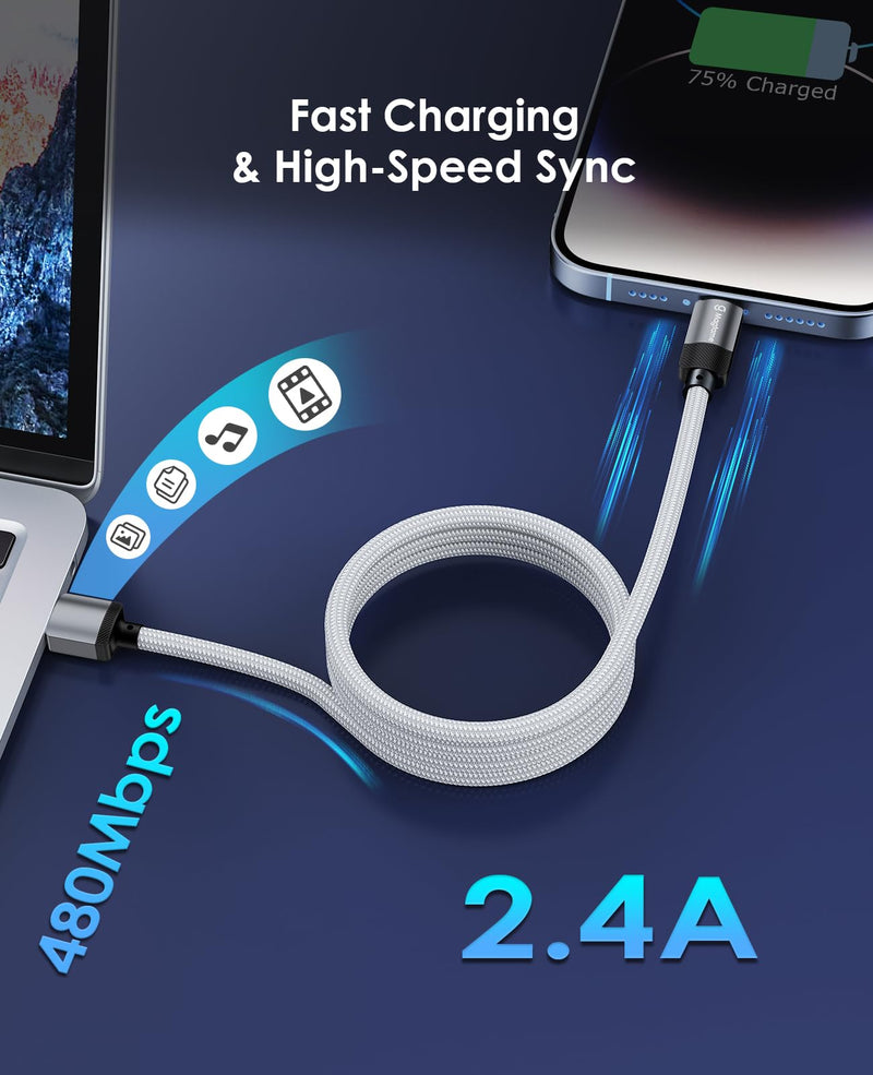 Coiled Magnetic USB A to Lightning Cable 3.3FT, Self Winding Cord | Silver Braid USB to Lightning Charging Cord Anti Tangle Car Desk Phone Cable Compatible with iPhone 14 13 12 11 Pro Max SE
