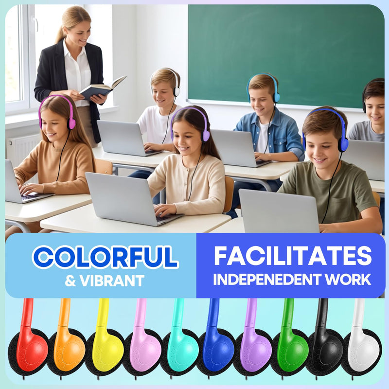 USB C Kids Headphones Bulk for Classroom School 10 Pack, Wired On-Ear Type C Headset for Students Compatible with Chromebook Laptop PC Tablet Smartphones (HY857C, 10 Mixed)