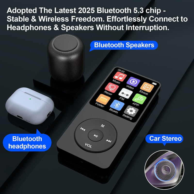 Pocket 128GB MP3 Player with Bluetooth 5.3, Mini 1.8-Inch Music Play Built-in HiFi Speaker,Portable MP4/MP3 Player for Kids with Music,Video,FM Radio, E-Book Reader, Voice Record, Photo Viewer, Black