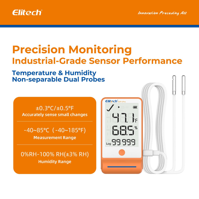 Elitech GSP-6 Bluetooth Data Logger Temperature Humidity for Refrigerator with Shadow Data 100000 Points Export PDF/CSV Report, Pharmacy Vaccine DDL Calibration Certificate, MAX MIN with Dual Probe GSP-6 Series GSP-6-TE/THE 100000Points 1
