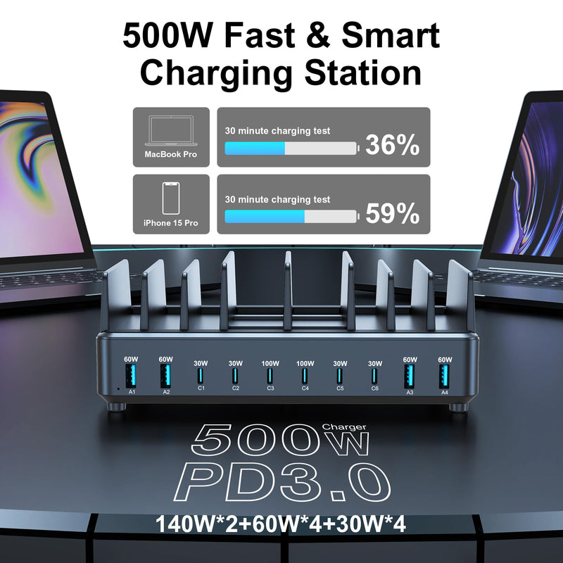 chipofy 500W Charging Station for Multiple Devices, 10-Port Multi USB C Fast Charger Station with Organizer Stand for MacBook Laptop, iPad, iPhone 16 15 Pro Max, Galaxy S25/S24 (No USB Cables)