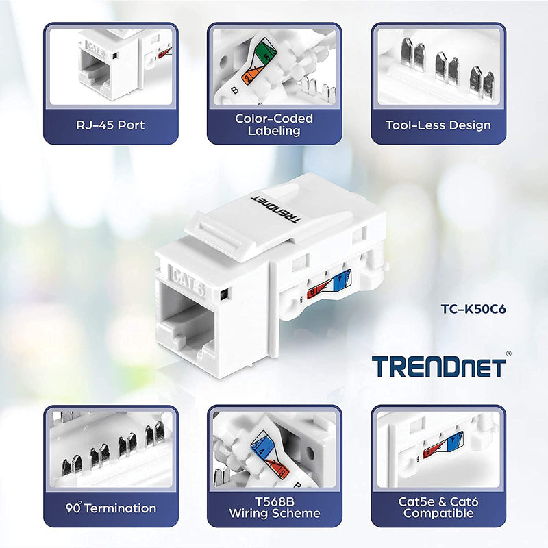 TRENDnet Cat6 RJ45 Keystone Jack 50-Pack Bundle, TC-K50C6, Compatible with Cat5/Cat5e/Cat6 Cabling, Use with The TC-KP24 or TC-KP48 Blank Keystone Patch Panels(Sold Separately) White