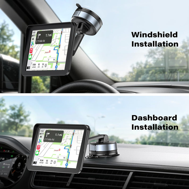 APPS2Car CarPlay Screen Mount for Dashboard & Windshield, Twist-Lock Suction Cup with Dual-Axis Adjustable Arm, Tool-Free Installation, Compatible with 7-11" Portable CarPlay Screens, Dash Cams & GPS
