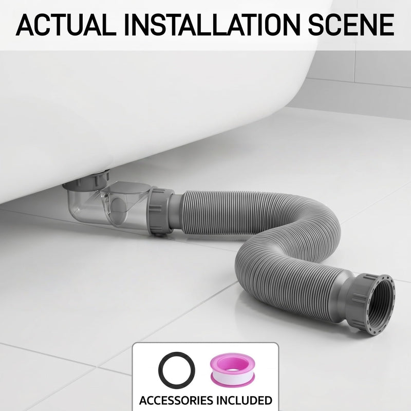 Low Profile 1 1/2 Bathtub Shower Drain Pipe with One-Way Valve, Flexible Drain Pipe for Freestanding Tub, Odor Prevention Flat Curved Hose Kit for Bath and RV Tub, YGG003 (Gray) Gray
