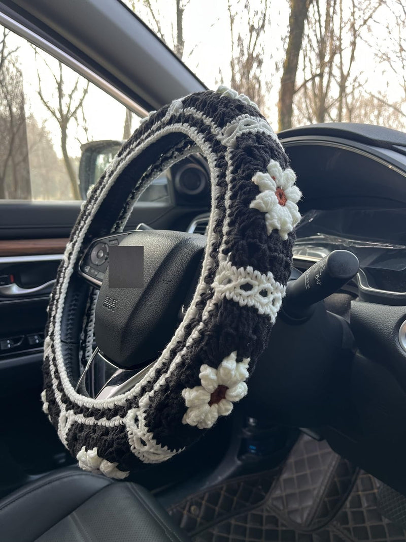 Daisy Crochet Steering Wheel Cover,Cute Seat Belt Cover,Women car Accessories (Black Steering Wheel Cover) Black Steering Wheel Cover