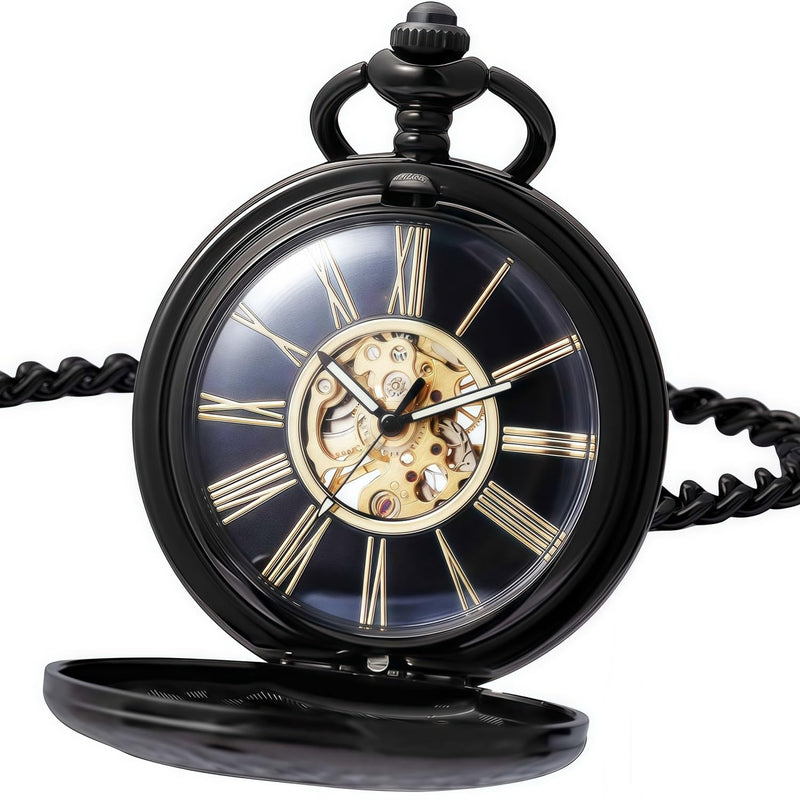 Mechanical Pocket Watch, for Men Women Special Magnifier Half Hunter Engraved Case Roman Numerals with Chain Bronze