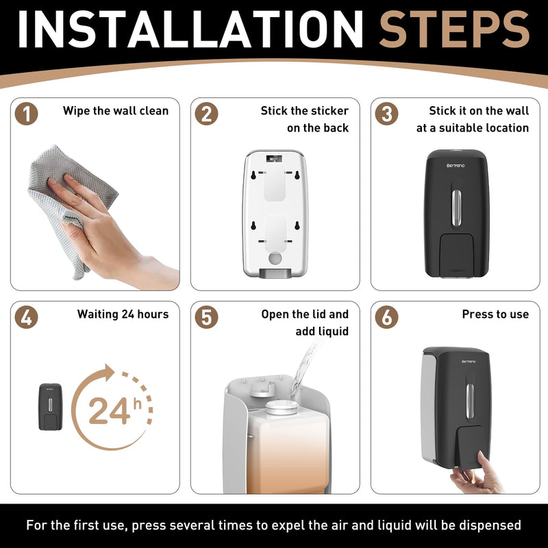 Commercial Soap Dispenser Wall Mount Manual Pump Hand Soap Dispenser 800ml Gel Liquid Hand Sanitizer Dispenser Self Adhesive for Home Bathroom (Black) Black