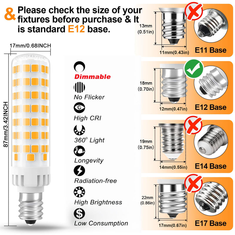 E12 100W Dimmable Replacement LED Candelabra Bulbs C7 3000K Warm White 10W 1000 Lumen T6 LED Chandelier Light Bulbs for Ceiling Fan Pendant Lighting Salt Lamp, 6 Pack