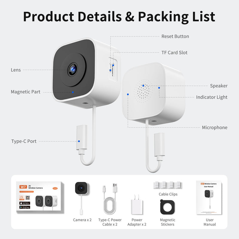 2K No-Drill Window Camera, WiFi Window Cameras for Home Security, 2 Pack | 2.4GHz & 5GHz WiFi, Anti-Glare, Magnetic Mounted, Color Night Vision, 24/7, Apartment Security, Human & Motion Detection