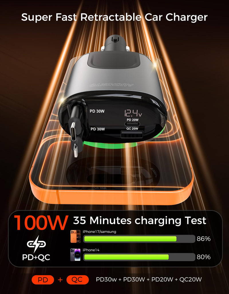 Retractable Car Charger 100W, Phone Charger USB C Fast Charging, 4 in 1 | Cigarette Lighter Adapter for iPhone 17 16 15 14 13 12 11 Samsung Pixel, Travel Essentials Car Accessories Gifts for Him Her