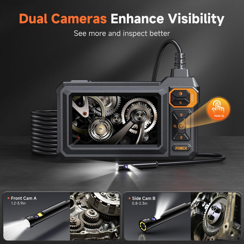 Dual Lens Endoscope Camera with Light, FFXET 4.3" IPS 1080P HD Inspection Camera, 8 Adjustable LEDs, 16.4ft Semi-Rigid Snake Cable, IP67 Waterproof, Borescope for Automotive,Sewer,HVAC,Wall, Men Tools 4.3'' Dual-Lens