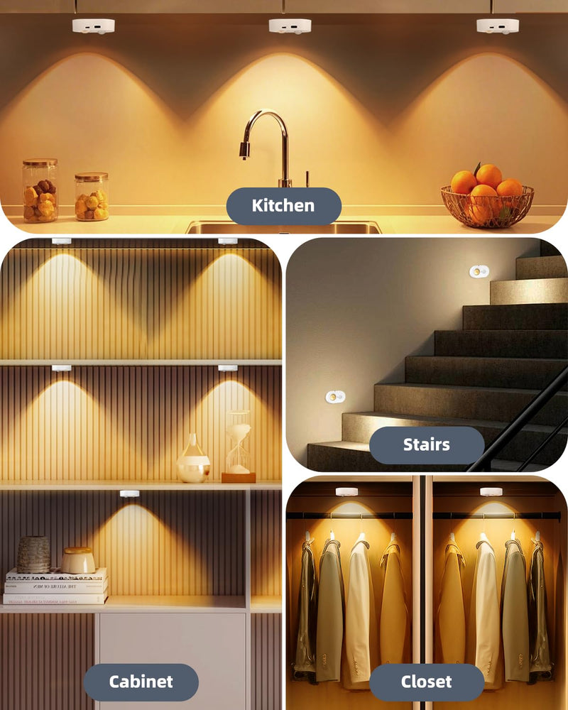 Yiliaw LED Motion Sensor Puck Lights Indoor, Small Rechargeable Under Cabinet Lighting, Dimmable Warm White Closet Lights, Stick on Wireless Night Light for Drawer, Shelf, Kitchen, White (9 Pack) 9 Packs