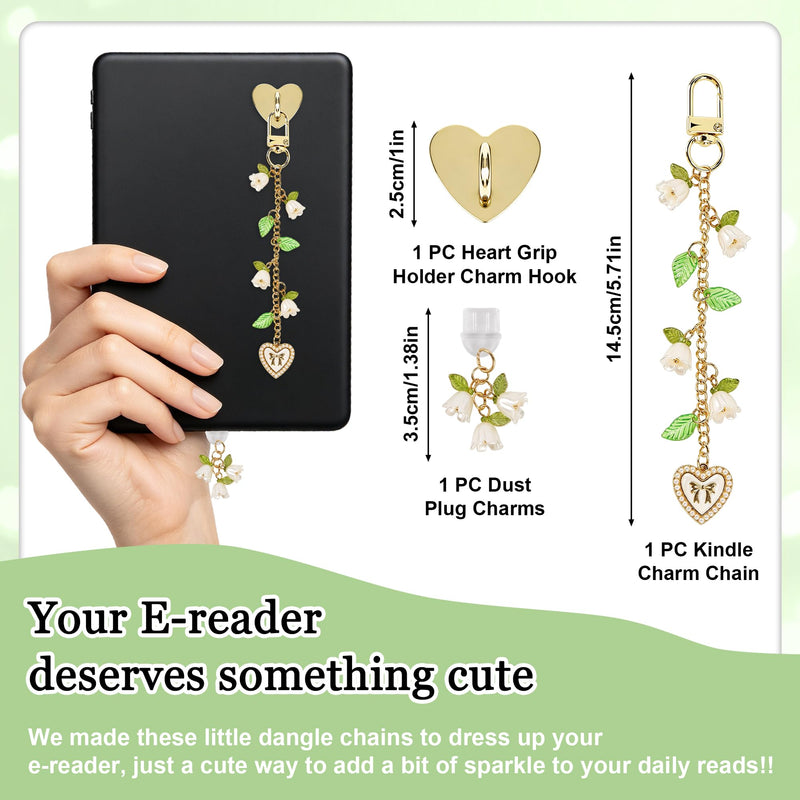 Mantveil E-Reader Charm Chain and Dust Plug Set, Lily of the Valley Flower Pendant Accessories for E-Reader, for Kindle, Nature Lover Gift Gold Lily Valley