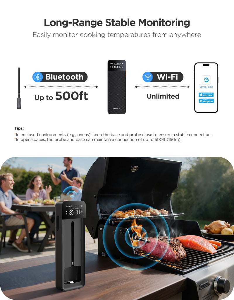 [AUSTRALIA] - GoveeLife Bluetooth Wireless Meat Thermometer with Digital Standalone LCD Base, WiFi Unlimited Range, ±1.8℉ Accuracy, Food Grade Internal Ambient Sensor Probes for Kitchen, BBQ, Grill, Oven, Smoker 1 Probe