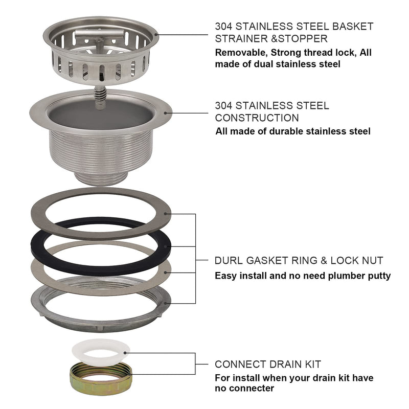 EADOT 3-1/2 Inch Brushed Nickel Sink Strainers for Kitchen Sink, Stainless Steel Kitchen Sink Drain Strainer Assembly with Strainer Basket And Drain Stopper, US Standard Kitchen Sink Drain Replacement