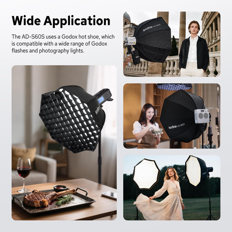 Godox AD-S60S Softbox, Portable Godox Mount Softbox, 60cm/23.6inch Soft Box with Grid for AD400 Pro II AD300 Pro Strobe Flash and ML60 ML60Bi ML60II Bi ML100R ML100Bi LED Light