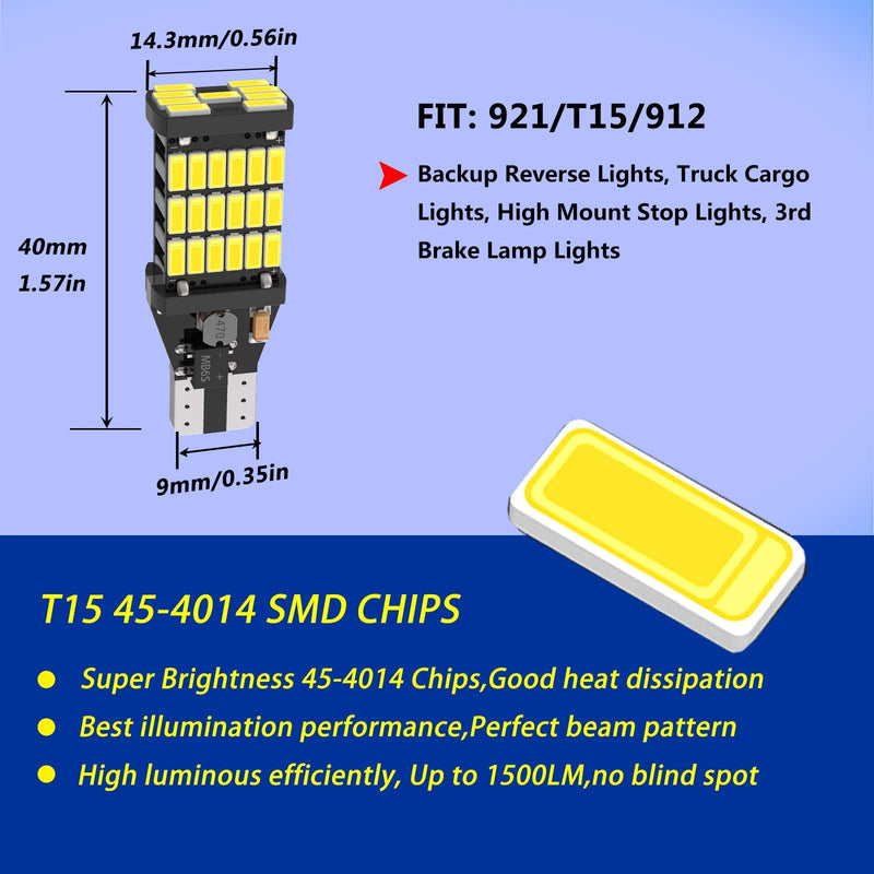 4PCS Super Bright 921 T15 912 W16W LED Reverse Lights, Error Free 904 Led 921 Bulbs 45SMD-4014 Chipsets, 912 921 906 LED Car Bulbs For Car Truck Backup Reverse Lights, 1500 Lumens 6500K White
