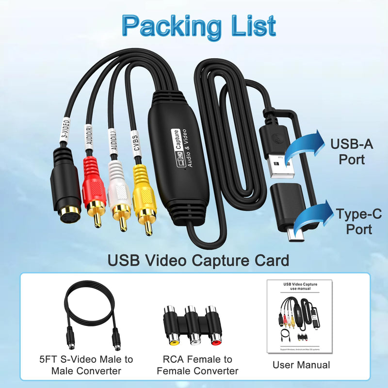 VHS VCR RCA to Digital Converter, VHS VCR to USB 2.0 Video Capture Device | AV to USB Audio Video Converter, 1080P Video Capture Card with RCA/ S-Video Input, NTSC/PAL, Works on Windows Mac OS