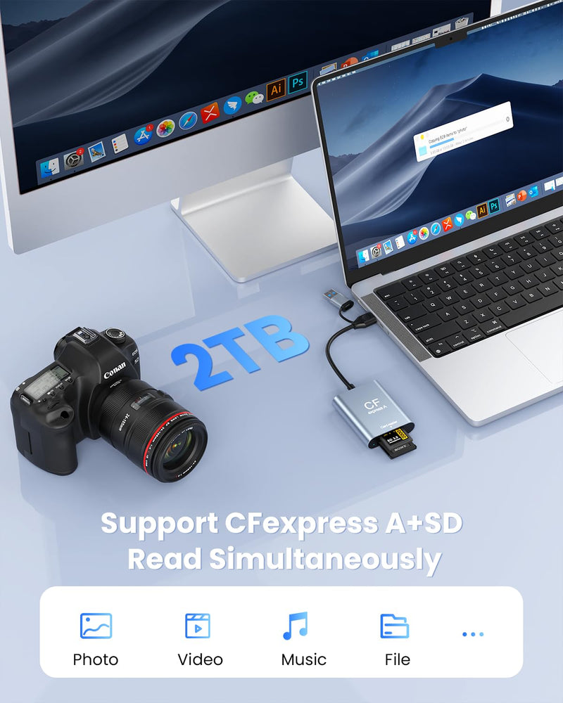 CFexpress Type A + SD Card Reader 10Gbps,USB-C/USB-A CF Express A Reader | USB 3.2 Gen 2,Dual-slot Simultaneous,Compact,USB-C/A Cable, Compact and portable,Support UHS-II SD,Plug and Play,Metal shell Grey