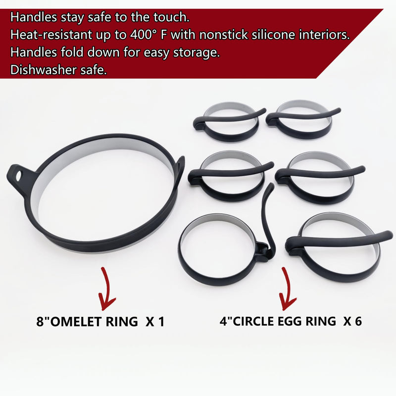 Nonstick Silicone Egg & Omelet Ring Kit,4" Egg Rings & 8" Omelet Ring, Egg Rings for Frying Eggs, Pancakes, Patties and English Muffins, 7 Piece Set (BLACK) BLACK