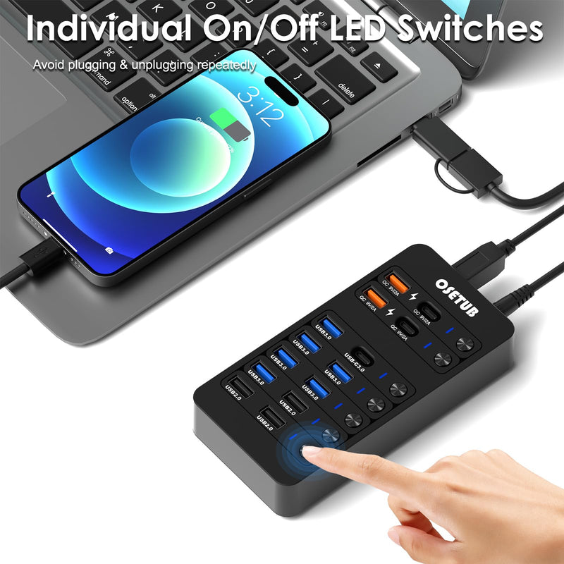 14-in-1 Powered USB Hub, USB Data Hub w LED Individual On/Off Switches for MacBook/PC/Steam Deck & External HDDs, 6 USB 3.0,3 USB 2.0,2 USB-A/C Charging,1 USB-C 3.0,1x PD 60W,1x Type-B for HDD Dock