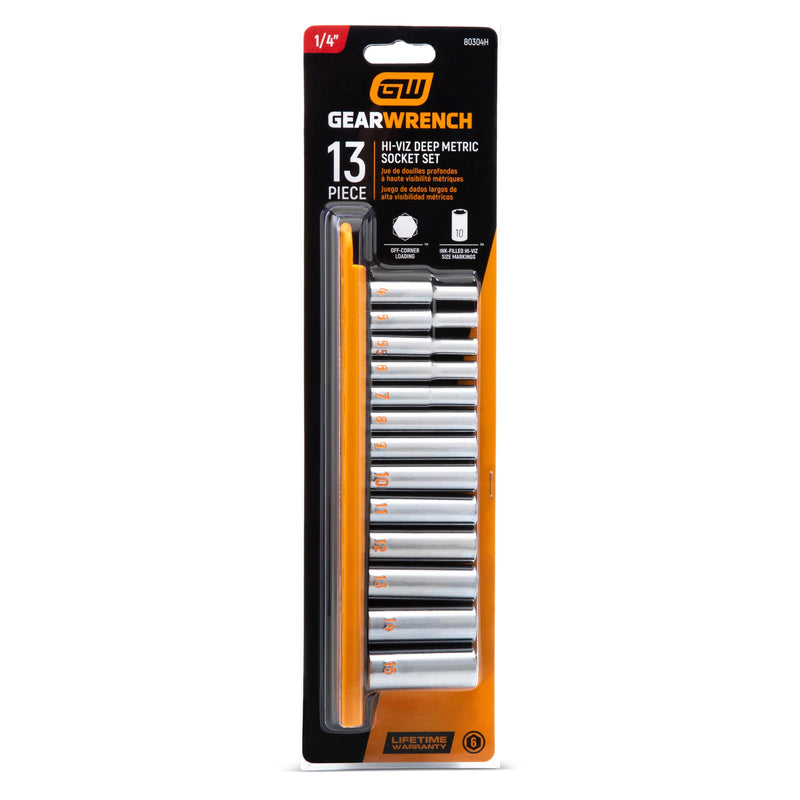 GEARWRENCH 13pc 1/4" Drive 6 Point Metric Hi-Viz Deep Socket Set | 80304H 1/4in Drive 13 Piece