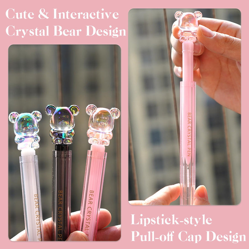 Cute Pens for Women – 3 Pack Nice Fine Tip Pens from the Fantasy Crystal Bear Collection, with Laser Pointer Pouch, Cute Stationary for Note Taking & Office Essentials