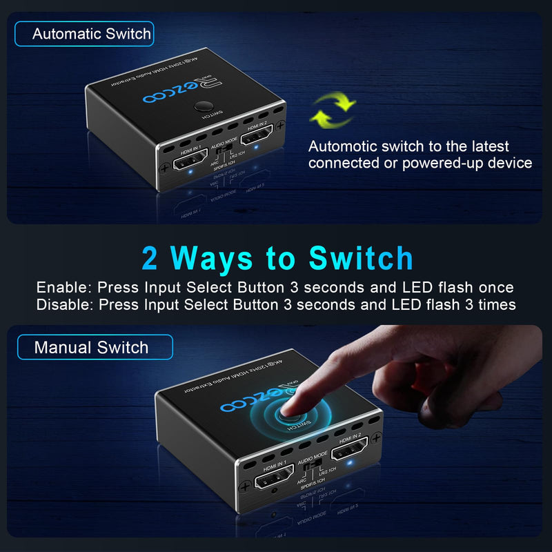 HDMI 2.1 Audio Extractor 4K 120Hz VRR ALLM HDCP2.3 HDR10 ARC Switch 2 in 1 Out Audio Converter- SPDIF 5.1CH Optical Toslink,Stereo Audio Breakout, Repeater Digital for PS 5, Xbox X NVIDIA AMD
