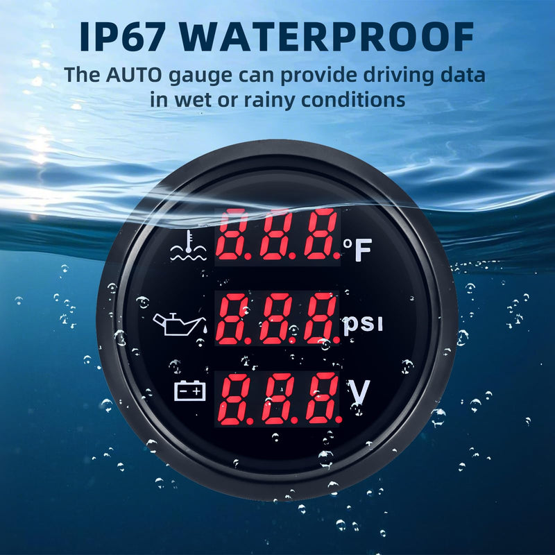 Triple Gauge Set - Water Temp (104°F-248°F), Oil Pressure (0-145PSI), Voltmeter (9-32V), AUTO Gauge with Sensors 2" 52mm 3-in-1 Boat Marine Meter Kit (Black) Black