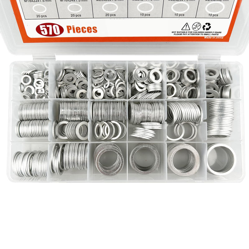 570 Pieces 18 Sizes Oil Drain Plug Gaskets Assortment Kit,Oil Crush Washers, Aluminum Crush Washers Assortment Kit,M6 M8 M10 M12 M14 M16 M18 M20 M22 M24 570