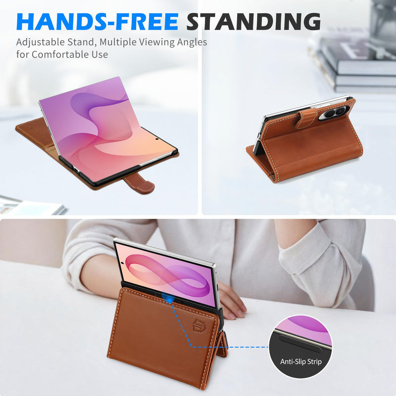 SHIELDON Genuine Leather Wallet Case for Galaxy Z Fold 8 7.6", Retro Brown | Magnetic Closure, RFID Blocking, Credit Card Holder, Kickstand, Folio Design, Shockproof Protective Cover for Men Women