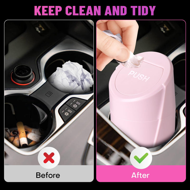 Pink Mini Leakproof Vehicle Trash Bin with Lid - Garbage Can for Car Cup Holder - 20pcs Trash Bags - Car Organizers and Storage for Front Back Seat Accessories Pink 1