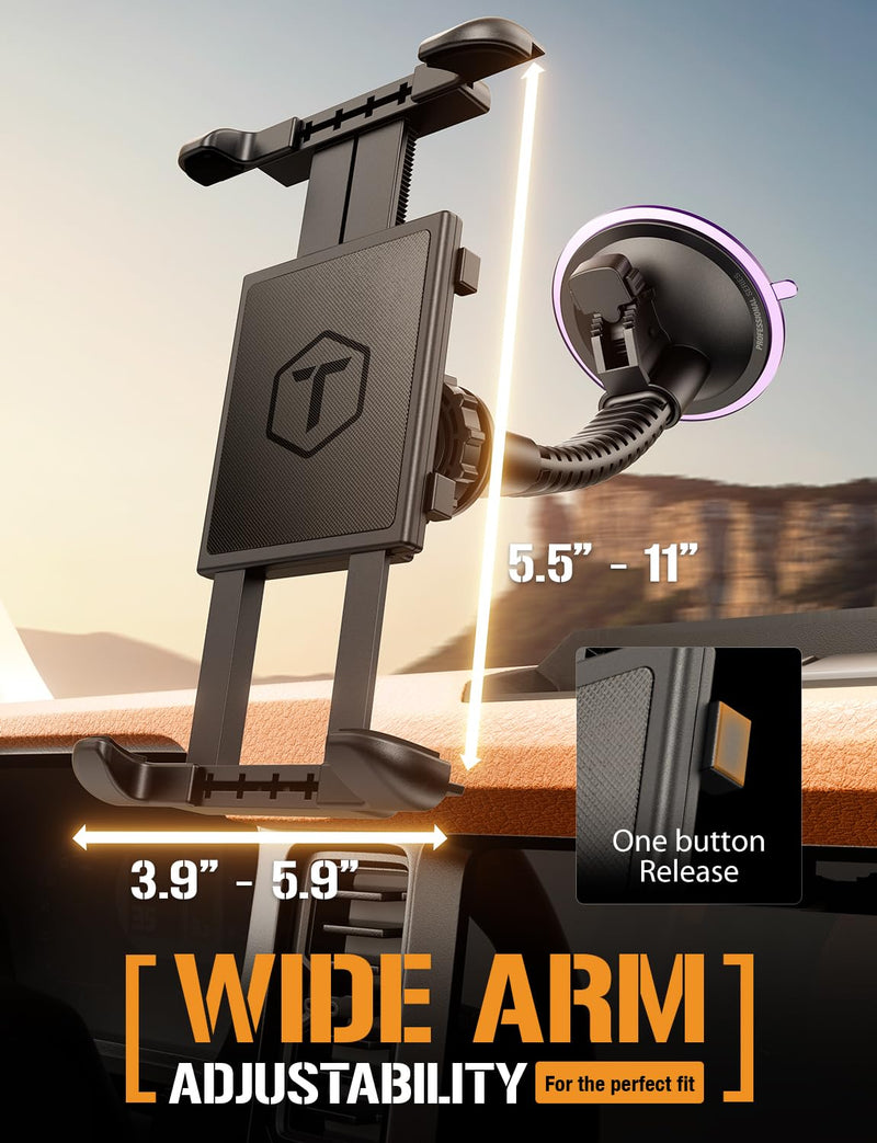 ToughTested Windshield Car Tablet Holder - Heavy-Duty Suction Cup GPS Mount for 5-13" Devices - 360° Rotation, Rugged Gooseneck, Vibration-Free Grip - Ideal for Trucks, SUVs, RVs, Vans & Cars