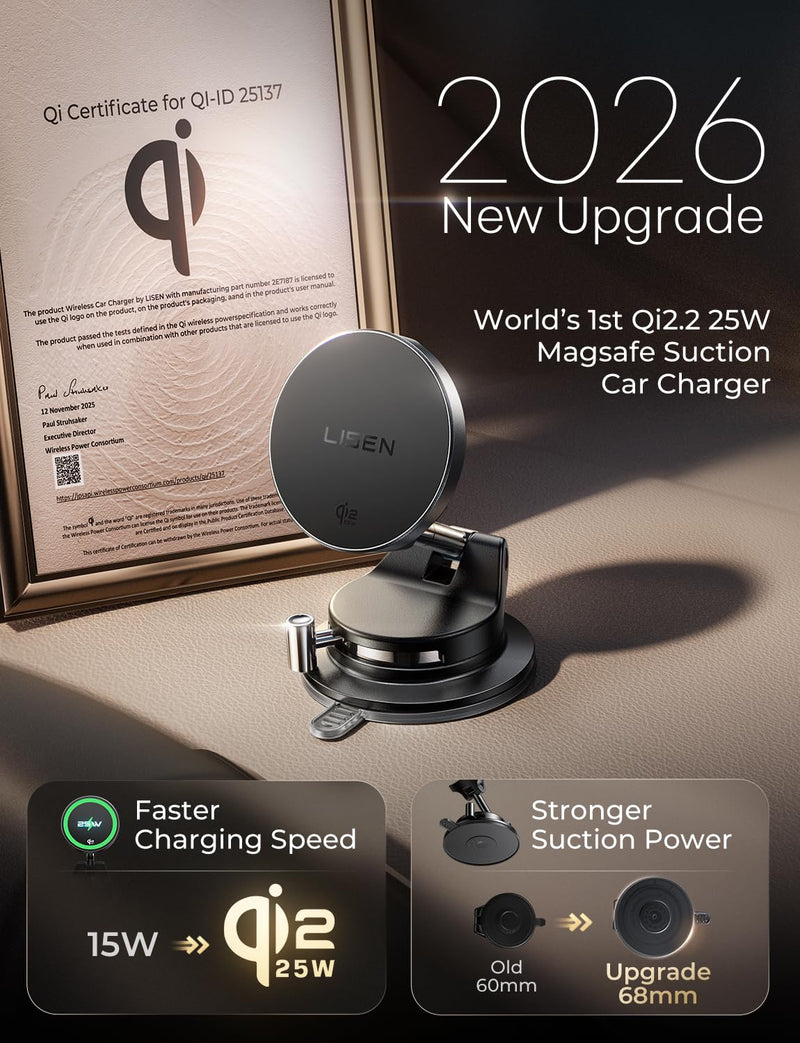 LISEN for Qi2.2 25W MagSafe Car Mount Charger,Magnetic Wireless Car Charger | [With 54W Adapter] Vacuum Suction Car Phone Mount, 360° Magnetic Wireless Phone Holders for Your Car, Only for iPhone 17-12 Black