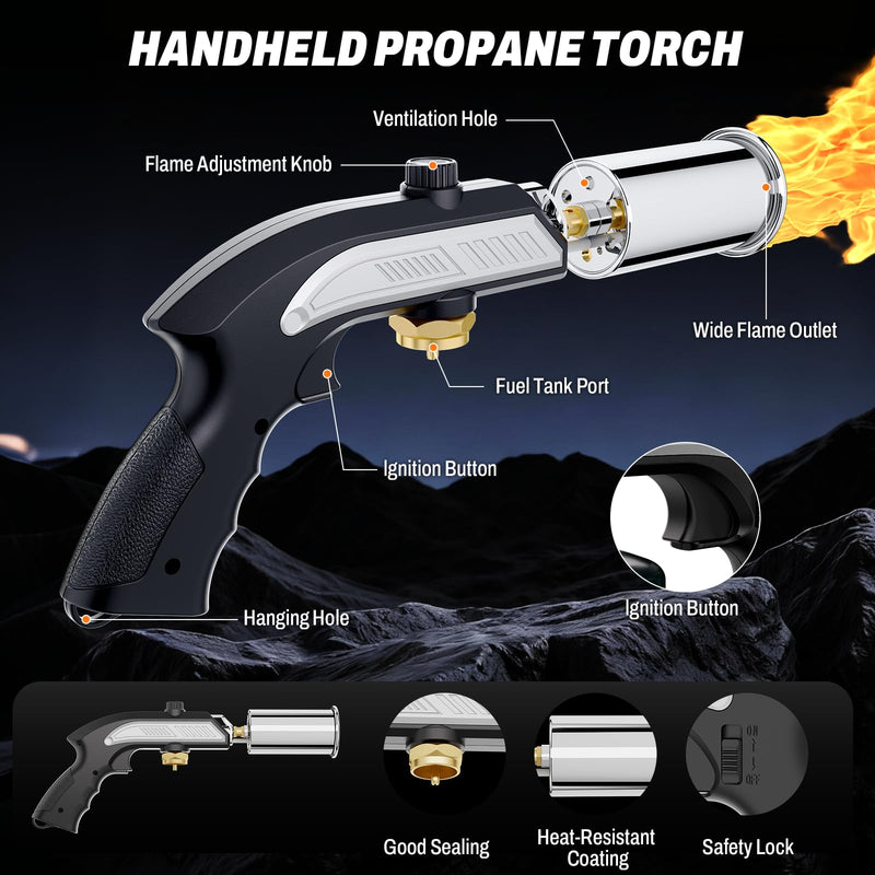MR. COUNT Propane Torch Gun with Safety Lock, Adjustable Blow Torch Kitchen Cooking Torch for Sous Vide, Steak Searing, BBQ Grill, Charcoal Lighter, Campfire Starter (Propane Tank Not Included) Silver