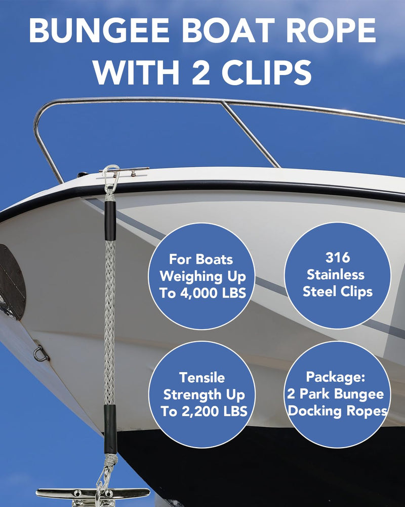 3 Feet Bungee Dock Lines with 2 Clips Heavy Duty 316 Stainless Steel Clips Boat Ropes Mooring Rope & Dock Ties for for Boats PWC or Jet Ski 2PCS (Grey, 3 Feet) Gray
