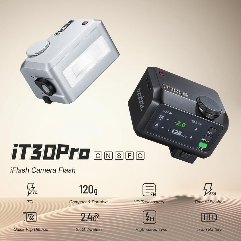 GODOX IT30Pro C TTL Mini Flash Kit Portable IT30ProC with White Diffuser for Canon 2.8" Full-Color Touchscreen Speedlite HSS 1/8000s 2.4G Wireless X System Trigger for Godox Flash(Black) Black