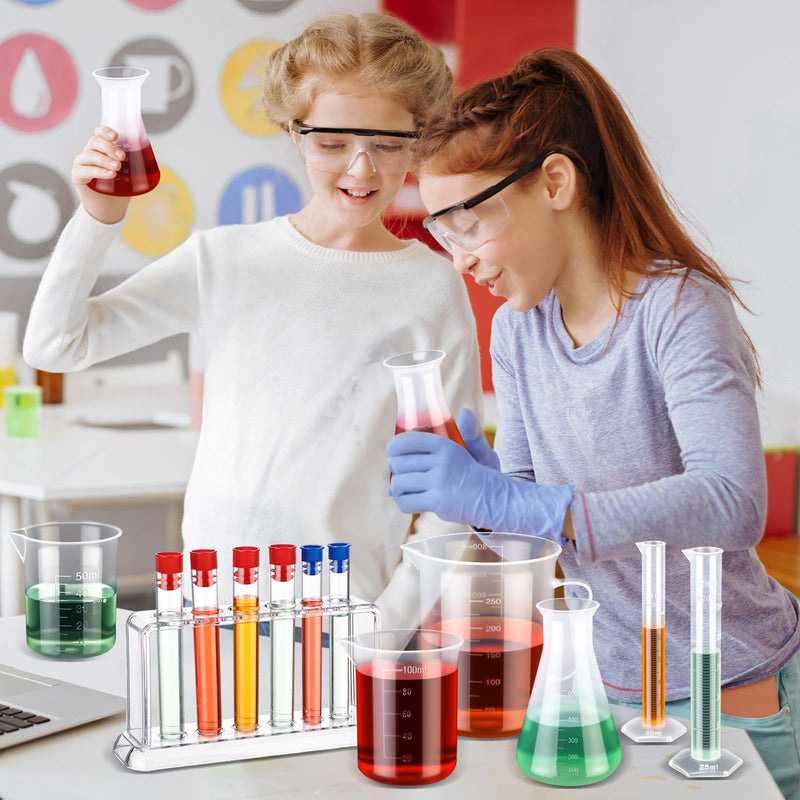 Baderke 28 Pcs Beakers and Test Tubes Set Including 3 Graduated Cylinder 5 Plastic Beakers 3 Erlenmeyer Flask 10 Droppers 6 Plastic Test Tubes with Rack for Home Science Lab Party DIY