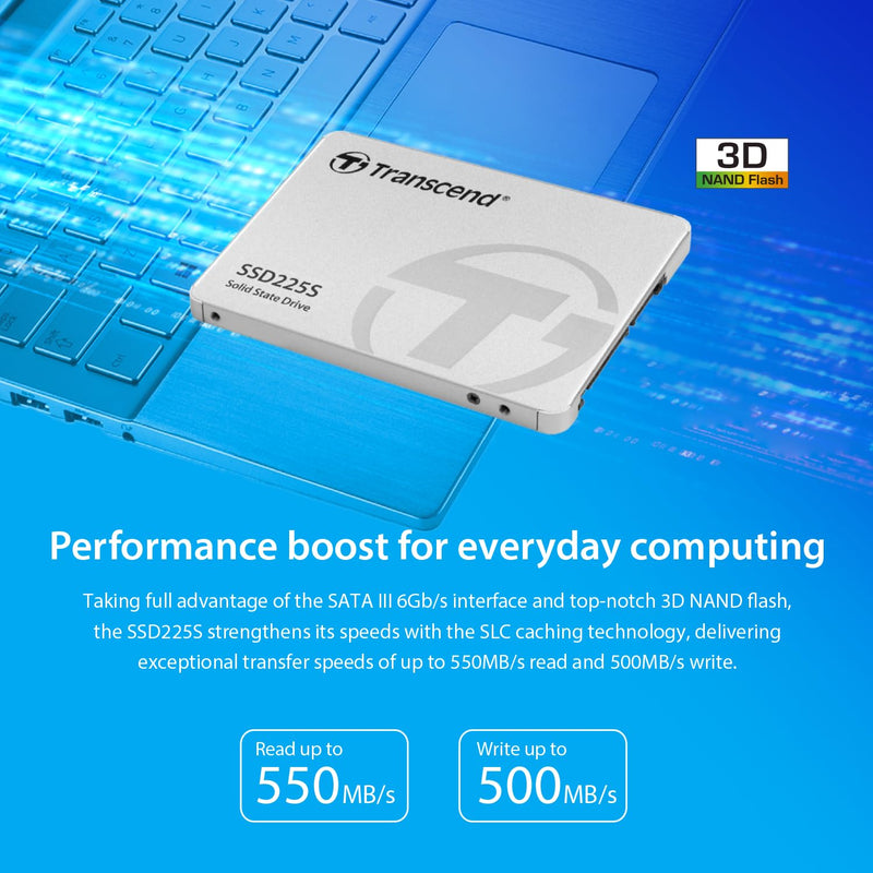 Transcend 1TB 2.5" SATA III 6Gb/s SSD, Up to 550MB/s, Compatible with PS4, Laptops, Desktops, PCs, Notebooks Upgrade, Internal Solid State Drive with SLC Cache, 3D TLC NAND, RAID Engine, LDPC Coding SSD225S