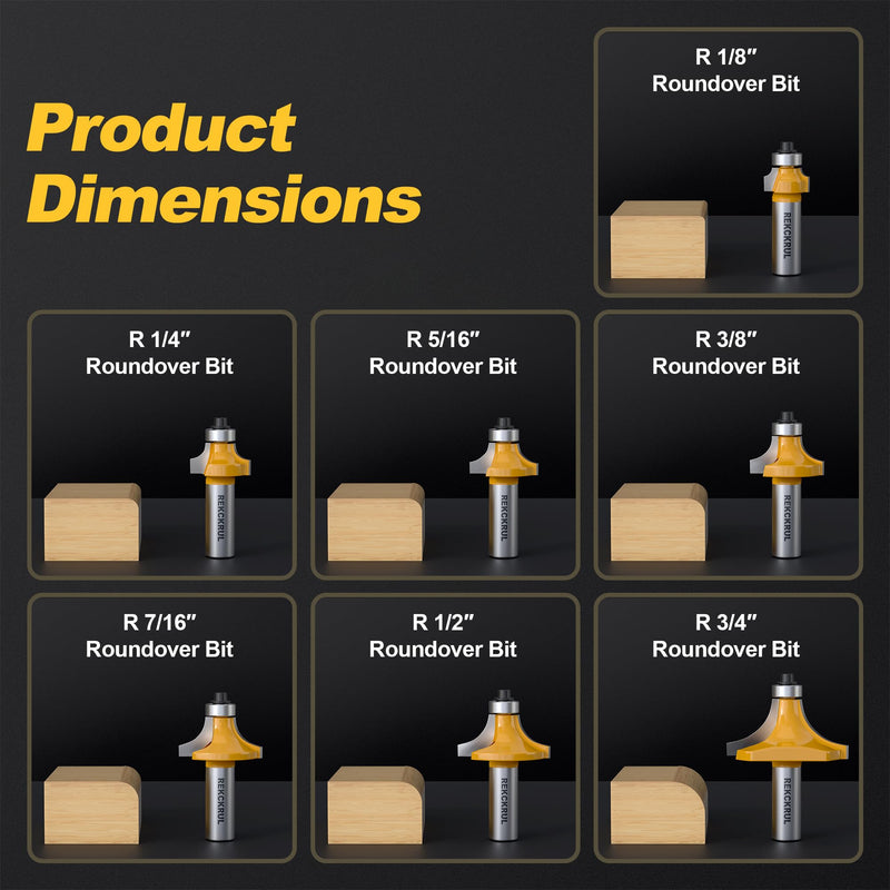 7-Piece Roundover Router Bit Set - 1/2" Shank, Carbide Inserts for Woodworking, Rounding Edges Bits: 1/8", 1/4", 5/16", 3/8", 7/16", 1/2", 3/4" Radius 1/2" Shank-7pcs