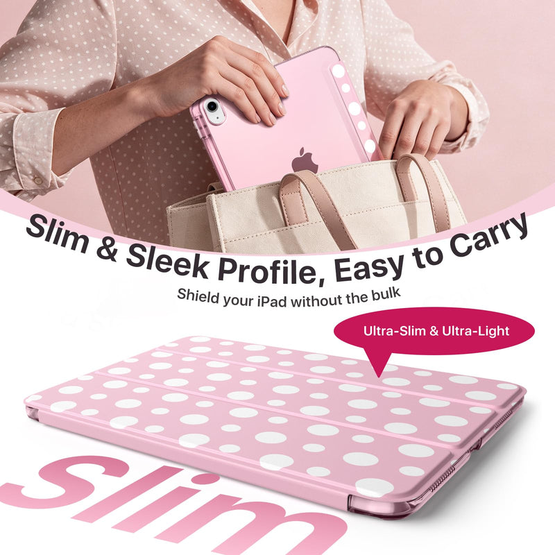 MoKo Cute Case for iPad A16 11th/10th Generation, Pink Polka Dot | For iPad 10.9/11-Inch Case with Pencil Holder 2025/2022, Trifold Cover with Hard PC Translucent Back Shell for Girls Women A-Polka Dot Pink