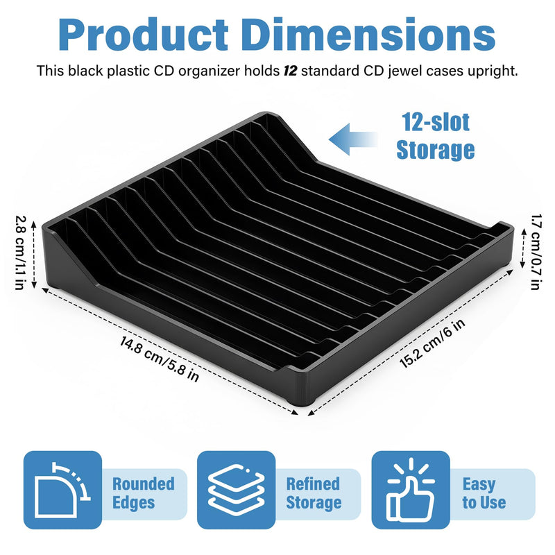 Black CD Holder, DVD/CD Display Rack & CD Storage Box & Vinyl Record Storage Stand Holds up to 12 Standard CD Cases for Media Shelf Storage and Organization