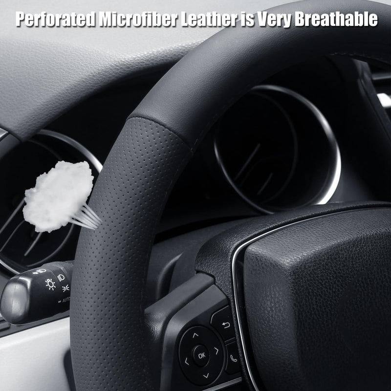 Steering Wheel Cover Standard Size 14.5-15 inch, Non-Slip Car Wheel Cover Protector, Breathable Microfiber Leather, Black 1. Four Cut Standard size[14 1/2''-15'']