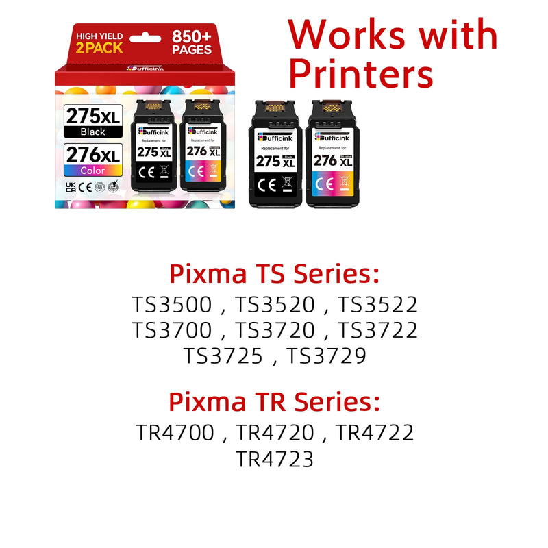 PG-275XL CL-276XL Replacement for Canon 275 and 276 Ink Cartridges Compatible for Canon Ink 275 and 276 275XL 276XL fit for PIXMA TS3722 TR4720 TS3700 TS3522 TR4700 TS3500 TS3520 TS3720 TR4722 Printer