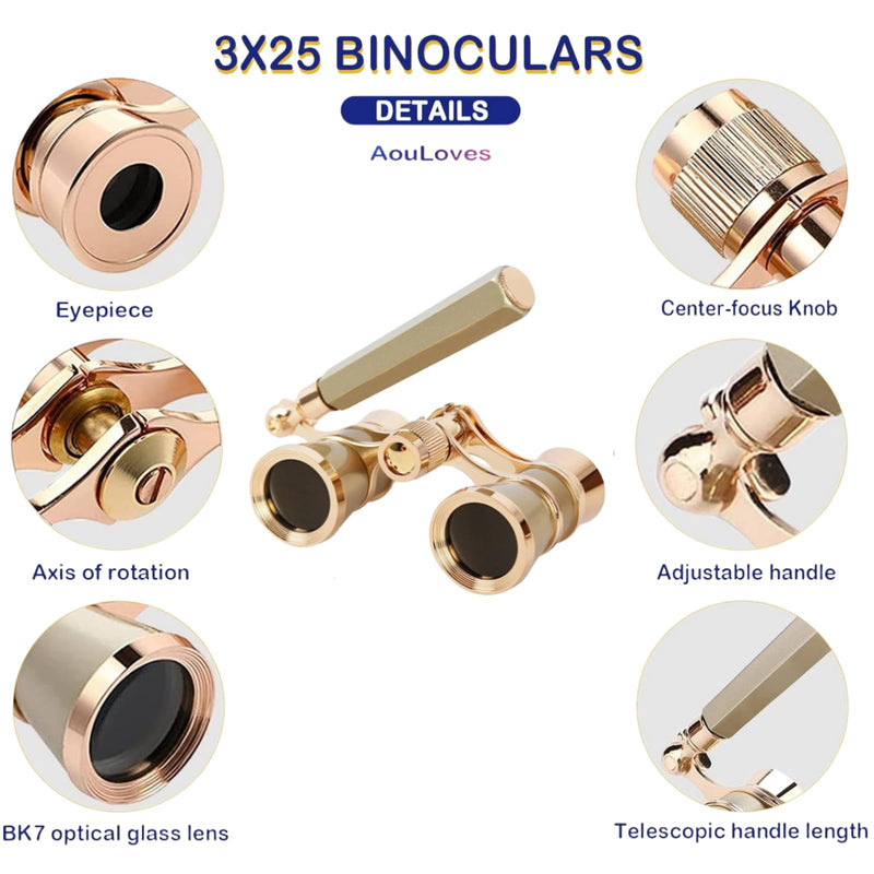 Opera Glasses Binoculars, Theatre Binoculars, 3X25, Metal Material, Vintage and Refined, with Adjustable Handle for Adults Kids Women in Musical Concert Cinema. opera glasses gold