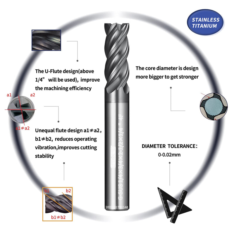 Tools Carbide End Mills Set, TiAlCN Coating, CNC Mill Bits for Steel Materials,4 Flute Solid Carbide Square End Mills (1/8" 3/16" 1/4" 5/16" 3/8" 5Pcs) SET GSUS 1/8" 3/16" 1/4" 5/16" 3/8" 5Pcs