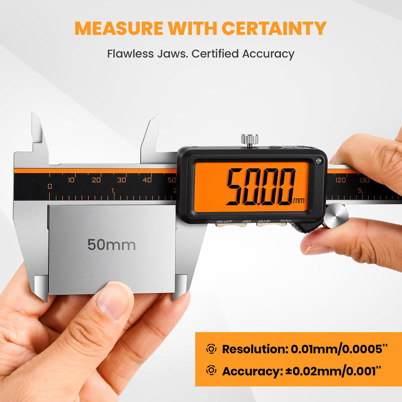 HARDELL Digital Caliper, Rechargeable Calipers with Large Orange Screen, Anti-Glare LCD & ABS Function, in/MM Caliper Measuring Tool, Stainless Steel Micrometer -Auto Off for DIY/Household (6 Inch)