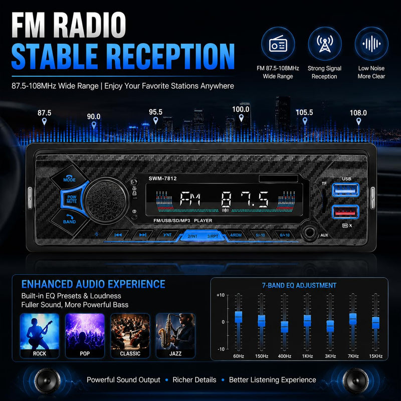Single Din Car Radio Stereo with Bluetooth | AI Voice Control, Steering Wheel Control, FM Radio, USB Fast Charging, AUX Input & Subwoofer Output