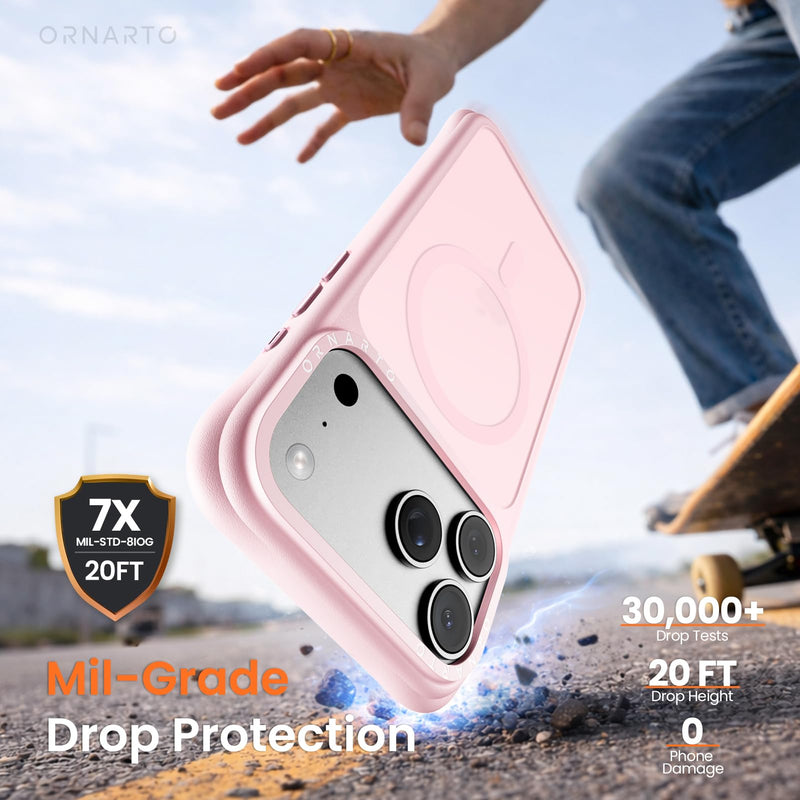 ORNARTO Magnetic for iPhone 17 Pro Case, Slim Matte Translucent, Chalk Pink | 20FT Drop Protection, Compatible with MagSafe, AirBuffer Corner Protection, Anti-Fingerprint Finish, Cute Protective Design