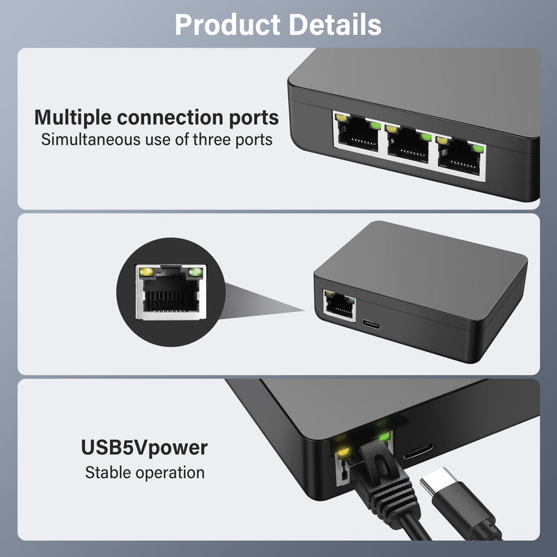 GINTOOYUN RJ45 Ethernet Splitter 1 to 3 Out 1000Mbps High Speed Gigabit Switch Network Splitter Internet Distributor with USB Power Cable for Cat5/5e/6/7/8 Cables (3 Computers at The Same Time)